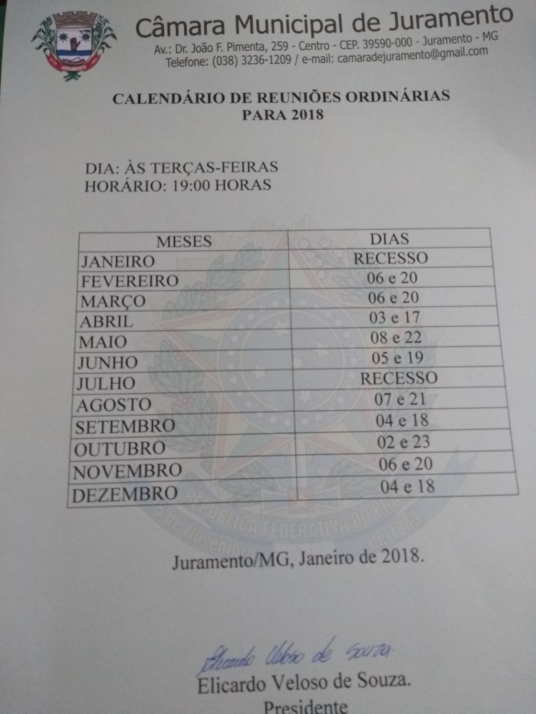  CALENDÁRIO DE REUNIÕES ORDINÁRIAS PARA 2018